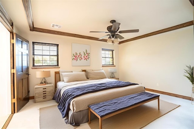 carpeted bedroom featuring multiple windows, ceiling fan, and crown molding