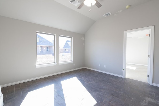 interior space featuring ceiling fan and lofted ceiling