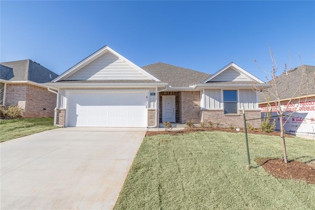ranch-style home featuring brick siding, driveway, a front lawn, and an attached garage