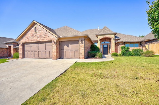 view of front of house with a garage and a front lawn