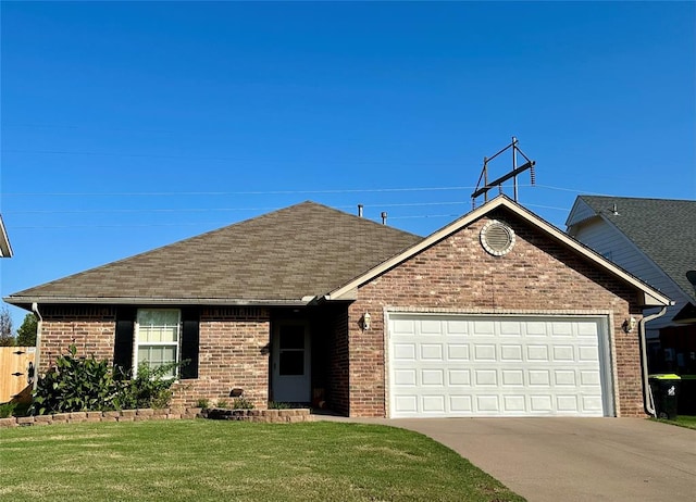 ranch-style house with a front yard and a garage