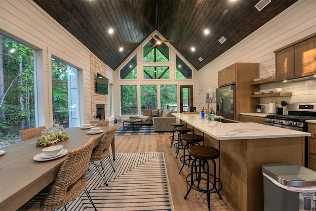 kitchen featuring plenty of natural light, high vaulted ceiling, stainless steel appliances, and a center island with sink