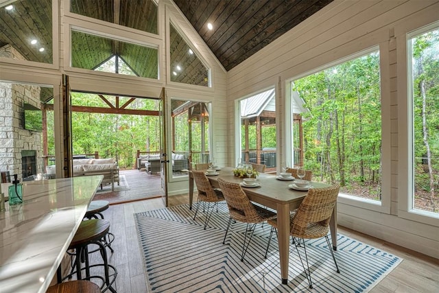 sunroom with wood ceiling and lofted ceiling