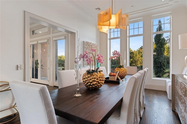 dining area with plenty of natural light, dark hardwood / wood-style floors, and a chandelier