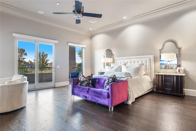 bedroom with ceiling fan, dark hardwood / wood-style floors, ornamental molding, and access to outside