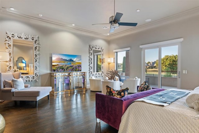 bedroom featuring access to outside, ceiling fan, dark hardwood / wood-style floors, and ornamental molding