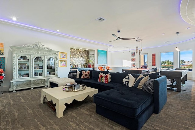 living room featuring ceiling fan, crown molding, and pool table