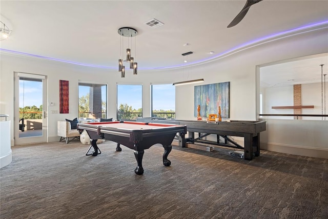 recreation room featuring ceiling fan, dark hardwood / wood-style floors, and billiards