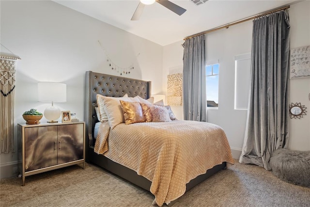 carpeted bedroom featuring ceiling fan