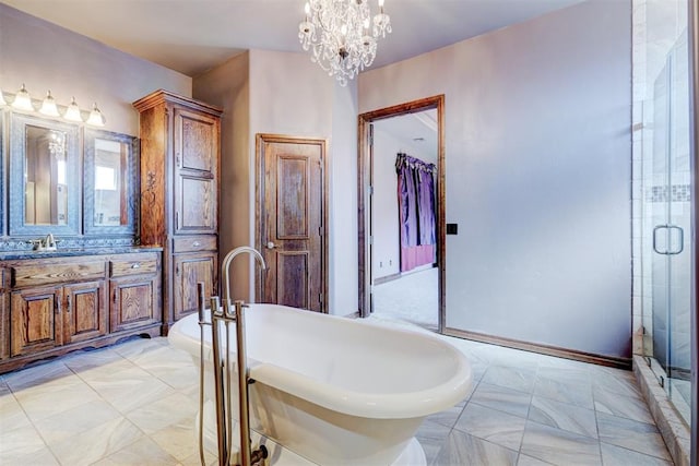 bathroom with vanity, separate shower and tub, and a chandelier