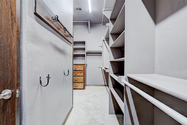 spacious closet featuring light carpet