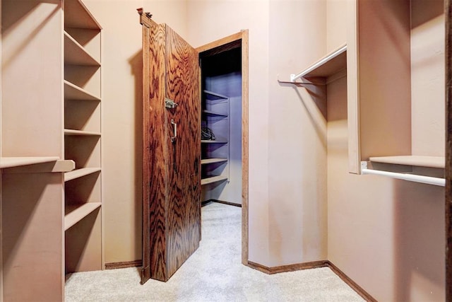 walk in closet with light colored carpet