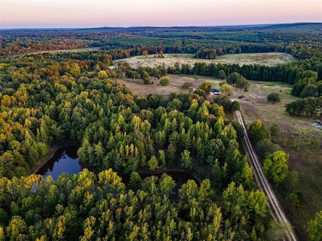 aerial view at dusk featuring a water view