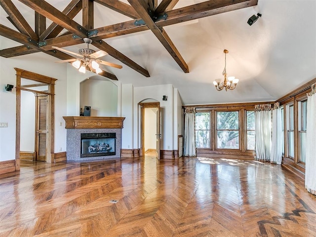 living room featuring beam ceiling, ceiling fan with notable chandelier, high vaulted ceiling, and light parquet floors