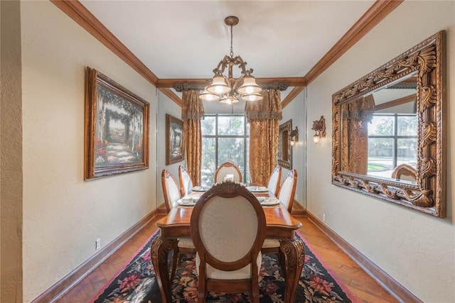 dining room with a chandelier, ornamental molding, and a healthy amount of sunlight