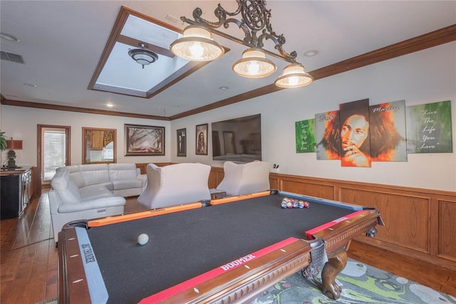 rec room with ornamental molding, dark wood-type flooring, and billiards