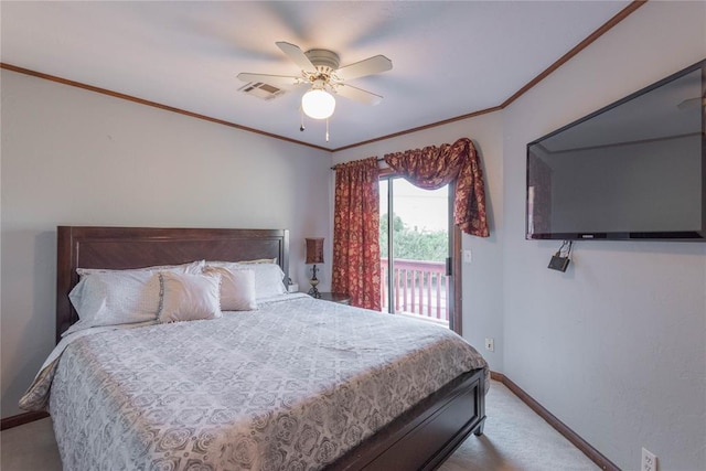 bedroom featuring ceiling fan, crown molding, and light carpet