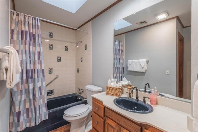 full bathroom with shower / tub combo, vanity, crown molding, hardwood / wood-style flooring, and toilet