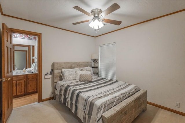 bedroom with light colored carpet, ceiling fan, ornamental molding, and sink