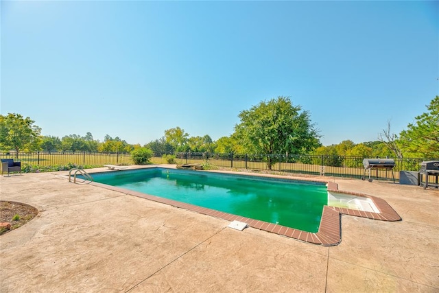 view of pool with a patio area and a diving board