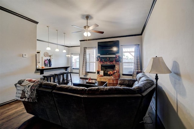 living room with a fireplace, hardwood / wood-style flooring, ceiling fan, and crown molding