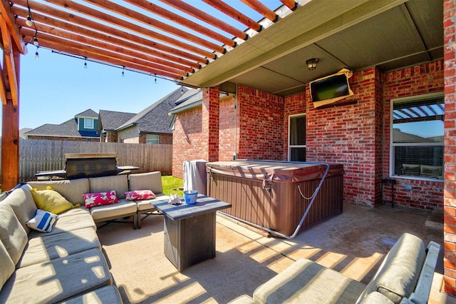 view of patio / terrace featuring a pergola, an outdoor living space, an outdoor kitchen, and a hot tub