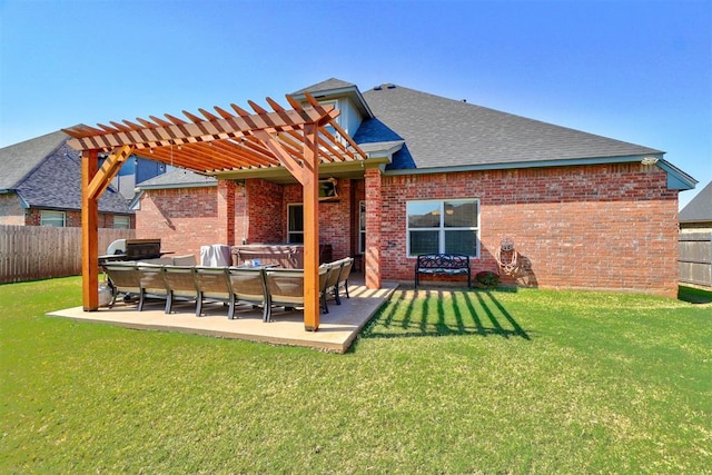 rear view of property featuring a lawn, a pergola, an outdoor hangout area, and a patio