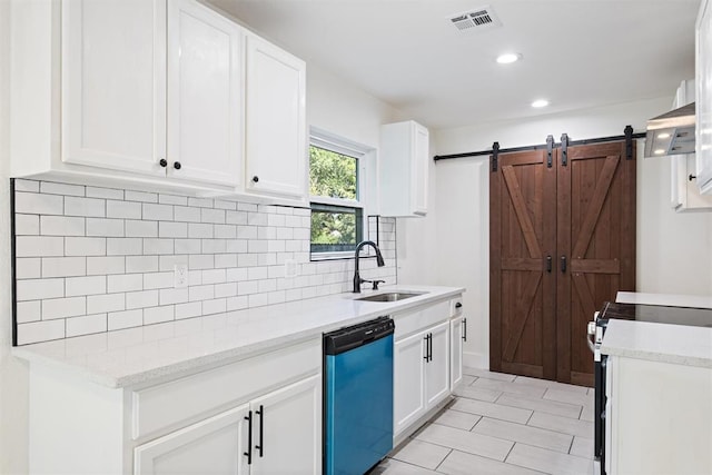 kitchen featuring dishwasher, white cabinets, sink, a barn door, and white range oven