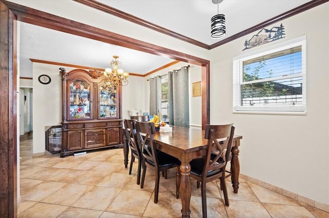 tiled dining room with a wealth of natural light, crown molding, and an inviting chandelier