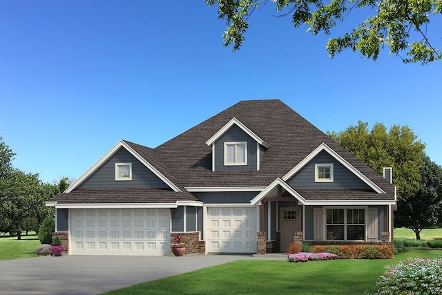 craftsman-style house featuring a front lawn, concrete driveway, and brick siding