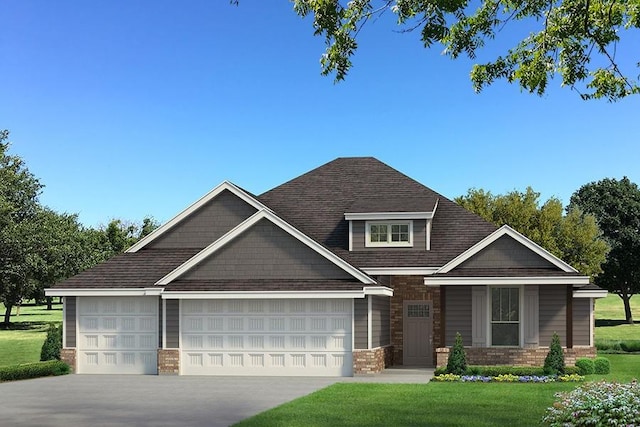 craftsman inspired home with a garage and a front yard