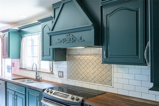 kitchen featuring sink, dark wood-type flooring, wooden counters, stove, and custom exhaust hood