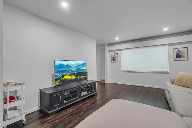 living room with dark hardwood / wood-style flooring