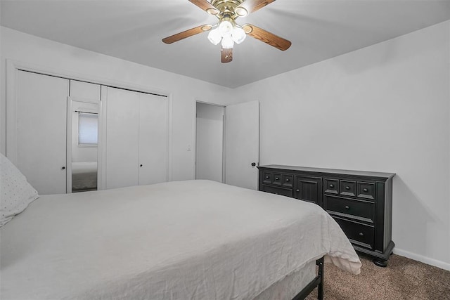 bedroom featuring dark colored carpet and ceiling fan