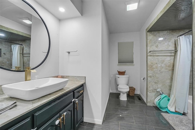 full bathroom with vanity, toilet, and shower / bathtub combination with curtain