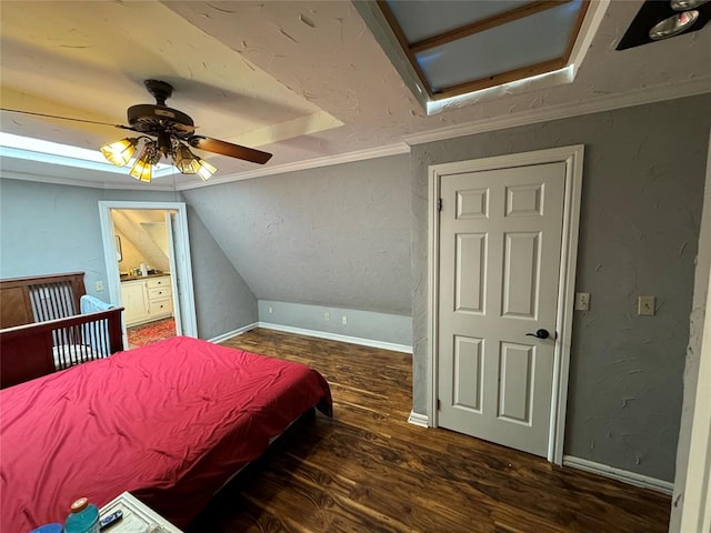 bedroom with ceiling fan, crown molding, and dark wood-type flooring