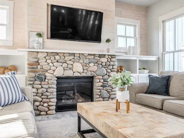 living room featuring a fireplace and light hardwood / wood-style flooring