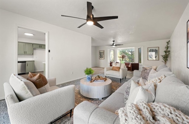 living room with carpet flooring and ceiling fan