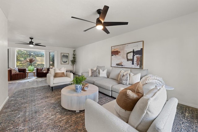 living room featuring ceiling fan