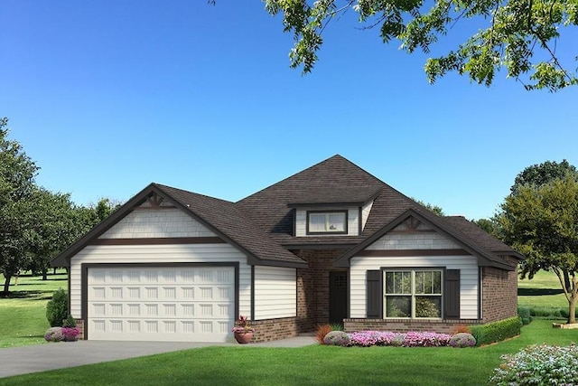 view of front of property with driveway, brick siding, a garage, and a front yard