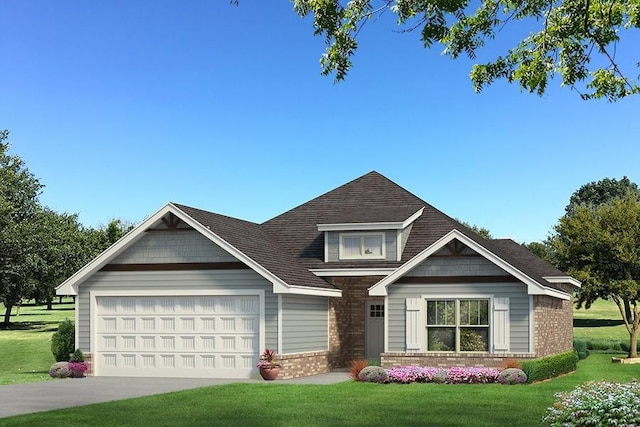 craftsman house featuring a garage, driveway, a front lawn, and brick siding