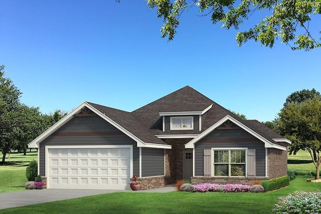 craftsman-style house with a garage, concrete driveway, brick siding, and a front yard