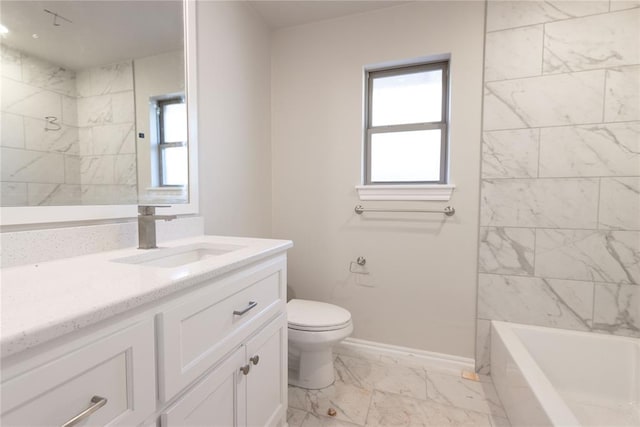 full bath with marble finish floor, a wealth of natural light, toilet, and baseboards