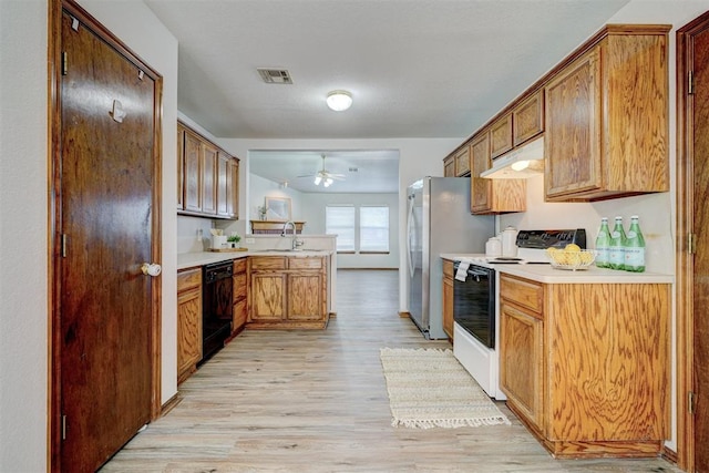 kitchen with ceiling fan, sink, dishwasher, light hardwood / wood-style flooring, and electric stove