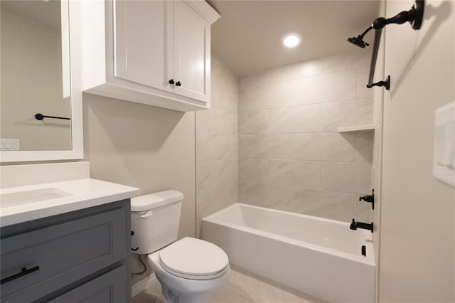 full bathroom featuring recessed lighting, toilet, vanity, and  shower combination