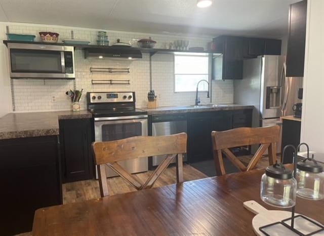 kitchen featuring decorative backsplash, sink, exhaust hood, and appliances with stainless steel finishes