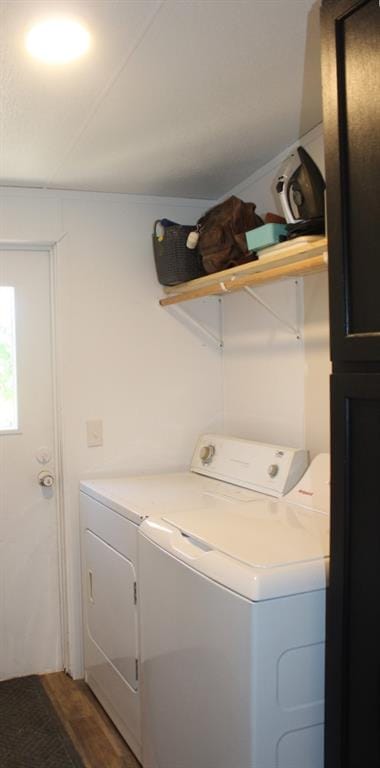 clothes washing area featuring washer and dryer and wood-type flooring