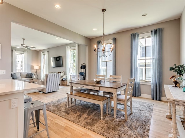 dining room with light hardwood / wood-style flooring and ceiling fan with notable chandelier