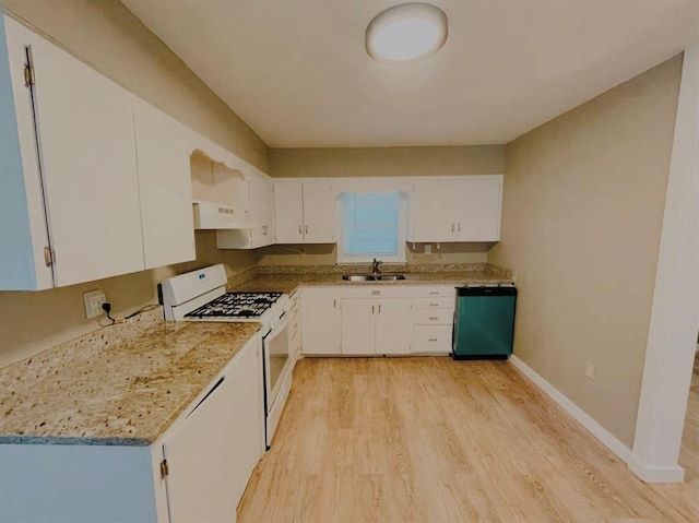 kitchen with exhaust hood, sink, dishwasher, white cabinetry, and white gas stove