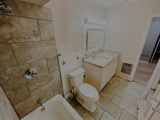 bathroom with a tub to relax in, vanity, hardwood / wood-style flooring, and toilet